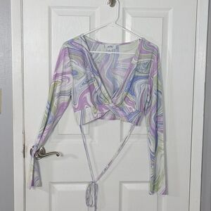 Just Polly Tie Waist Retro‎ Swirl Pattern Long Sleeve Twist Crop Top Size XL
